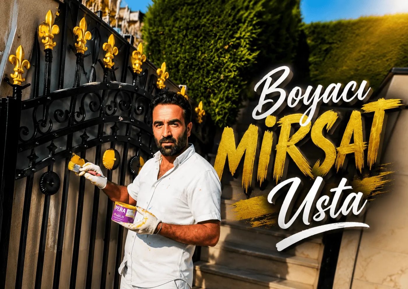 Boyacı Mirsat Usta, ferforje bahçe kapısının süslerini altın rengine boyarken